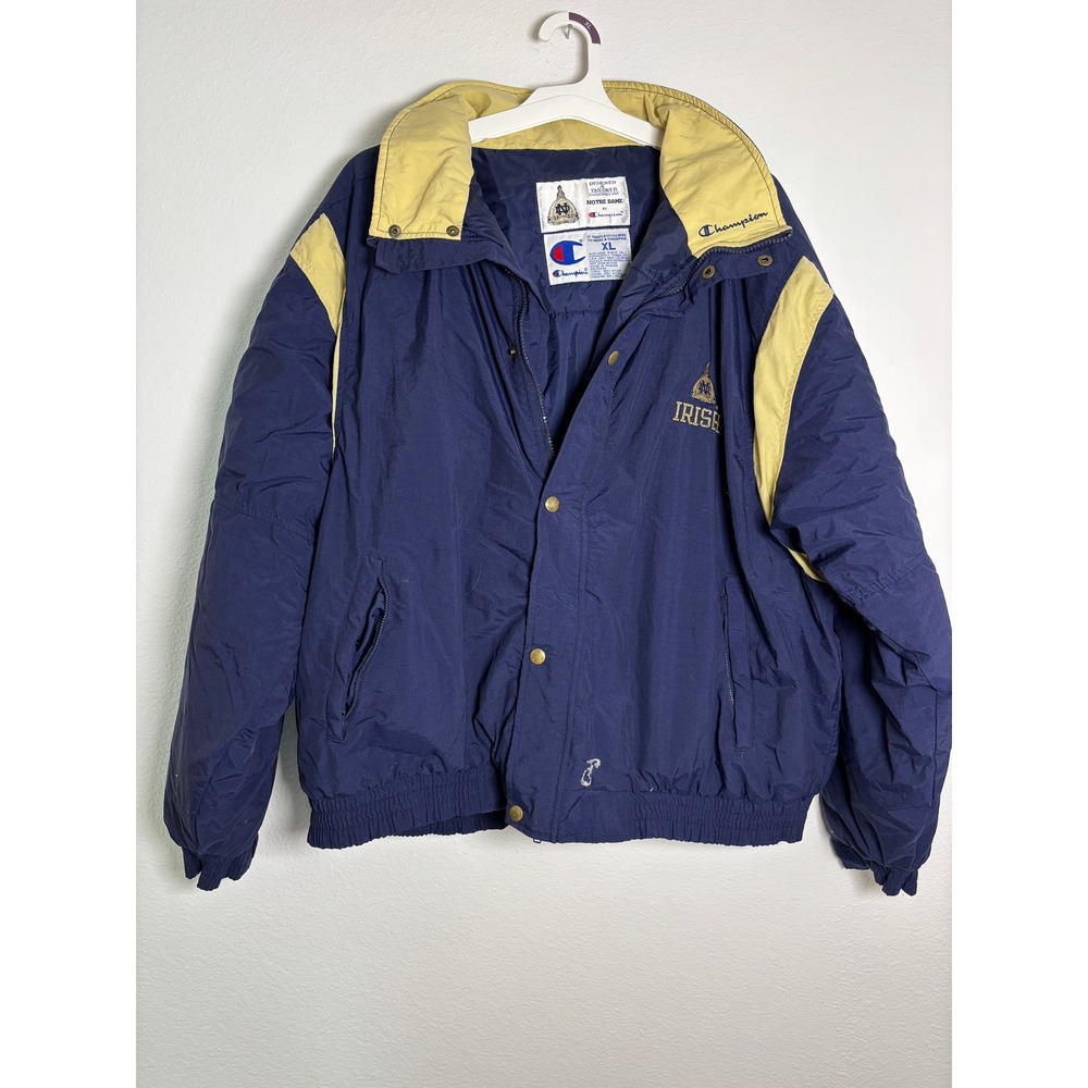 Vintage Champion Notre Dame Fighting Irish Puffer Jacket Navy Blue Gold Mens XL